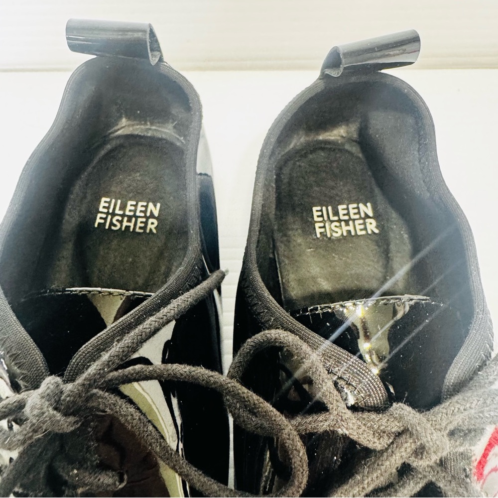 Eileen Fisher Eddie Black Patent Leather Modern Platform Oxfords Size 7 - Picture 7 of 14